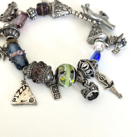 Vintage 925 Sterling Silver Garnet Murano Art Glass Loaded Charm Bracelet 7" - Picture 6 of 11